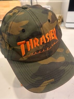 Thrasher Camouflage Trucker Cap with Bright Orange Logo